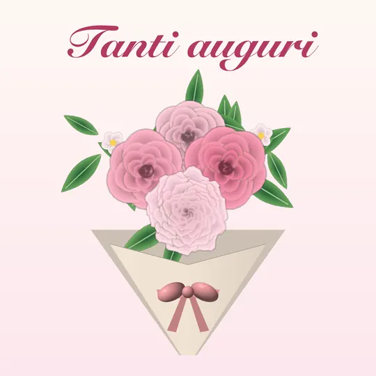 Bouquet di rose rosa e una peonia avvolto in carta con fiocco, scritta Tanti auguri