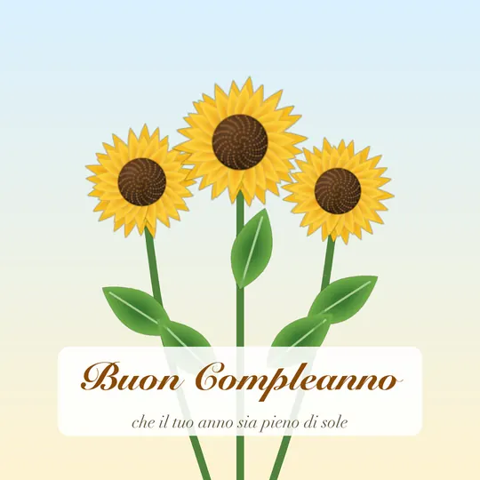 Tre girasoli su sfondo azzurro e giallo, scritta Buon Compleanno, che il tuo anno sia pieno di sole
