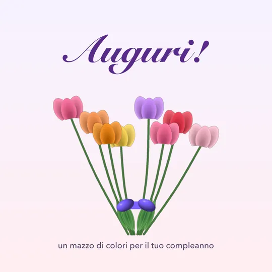 Mazzo di tulipani rosa, arancioni, gialli e viola legati con un fiocco, scritta Auguri!