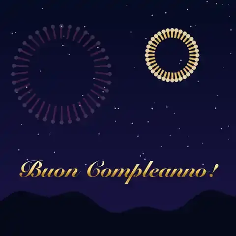 GIF animata: fuochi d'artificio colorati nel cielo notturno sopra la scritta Buon Compleanno!