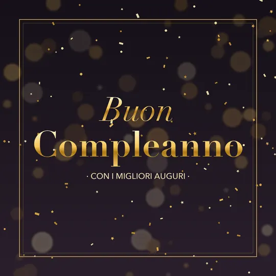 Biglietto elegante nero con cornice e scritta Buon Compleanno in oro, coriandoli dorati